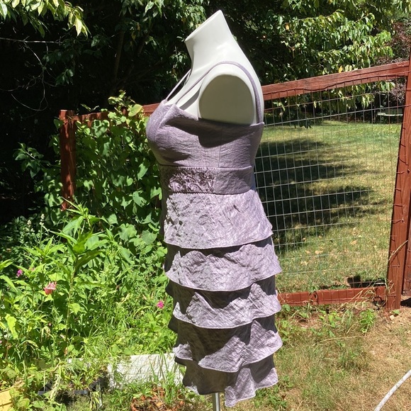 Tiered ruffle lavender-gray sequin/bead/embroidered waist dress size 14P - Picture 5 of 6